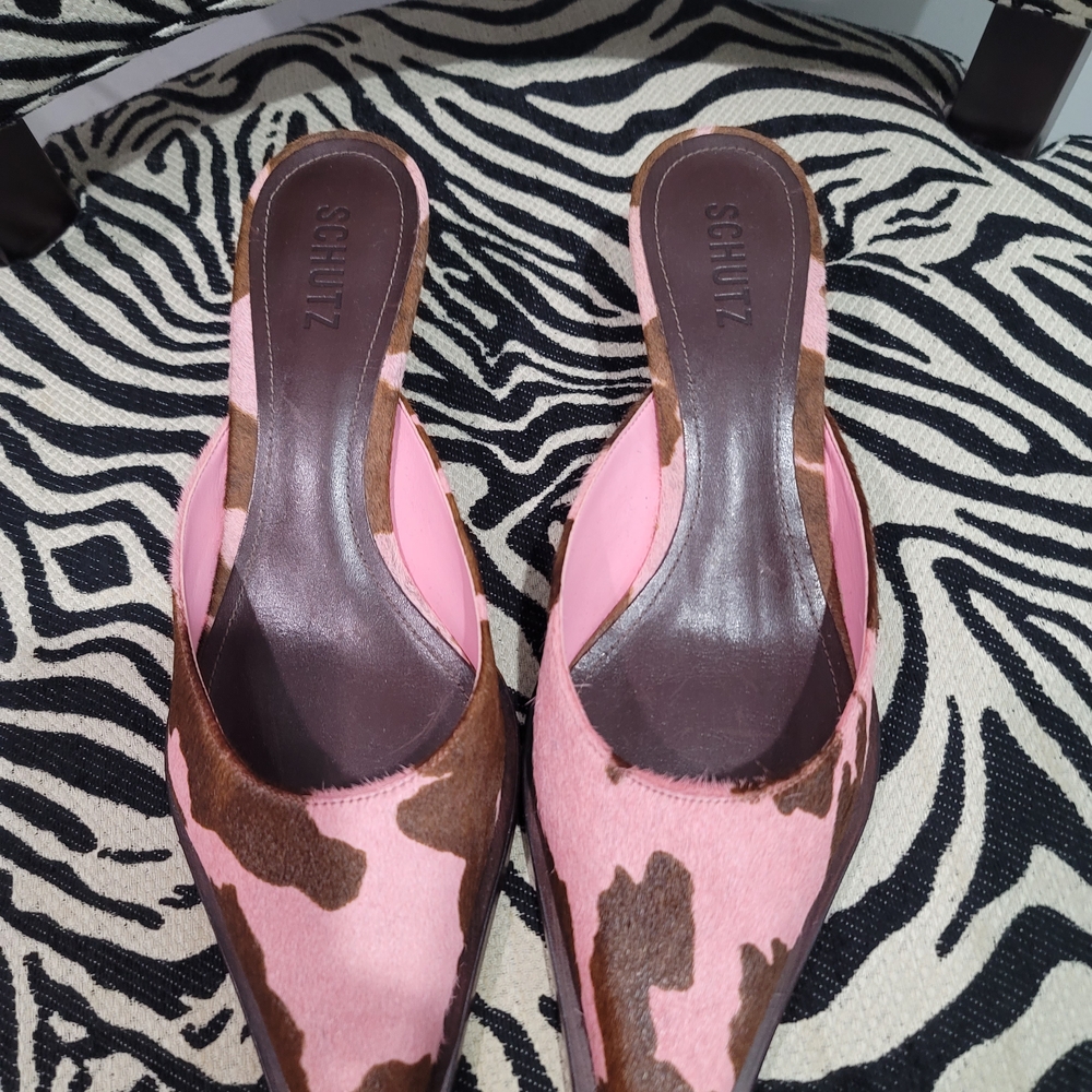 NWOT Schutz Daria Kitten Heel Pink and Brown Calf Hair Women's Mules